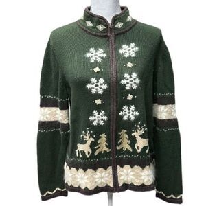 Guide Series Winter Christmas Angora Blend Cardigan Zip‎ Up Sweater Size M Snow